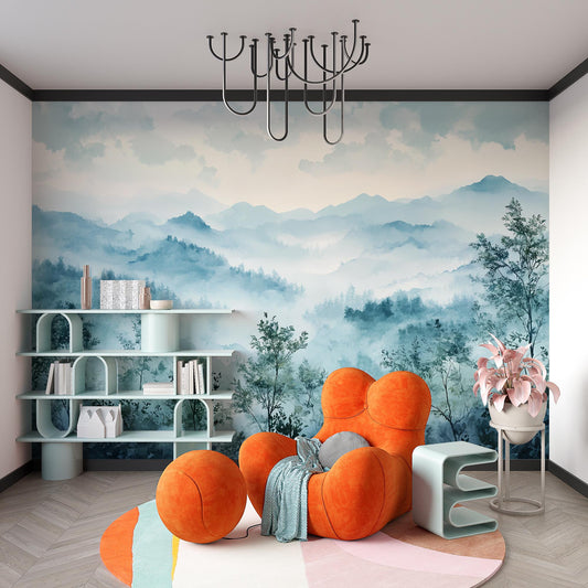 Misty Mountain Forest Wallpaper – Watercolor Nature Wall Mural for Bedroom & Living Room Vn1015