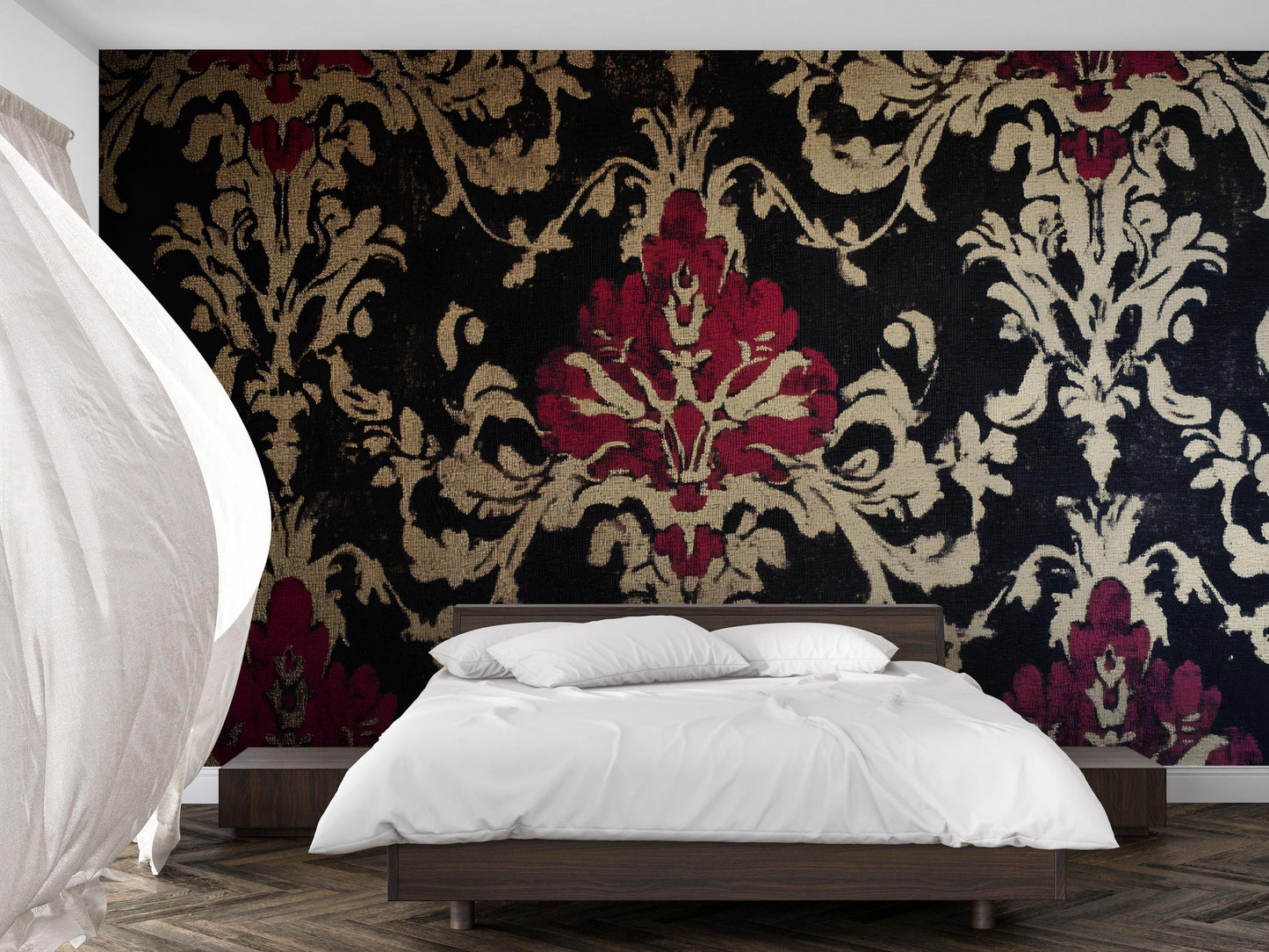 Luxury Baroque Floral Wallpaper – Black, Gold & Red Damask Tapestry Wall Mural for Bedroom or Accent Wall Vn640