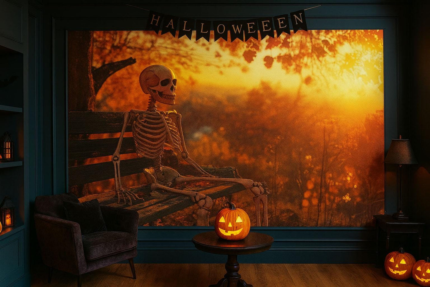 Autumn Skeleton Bedroom Wall Mural – Cozy Fall & Halloween Décor Vn799