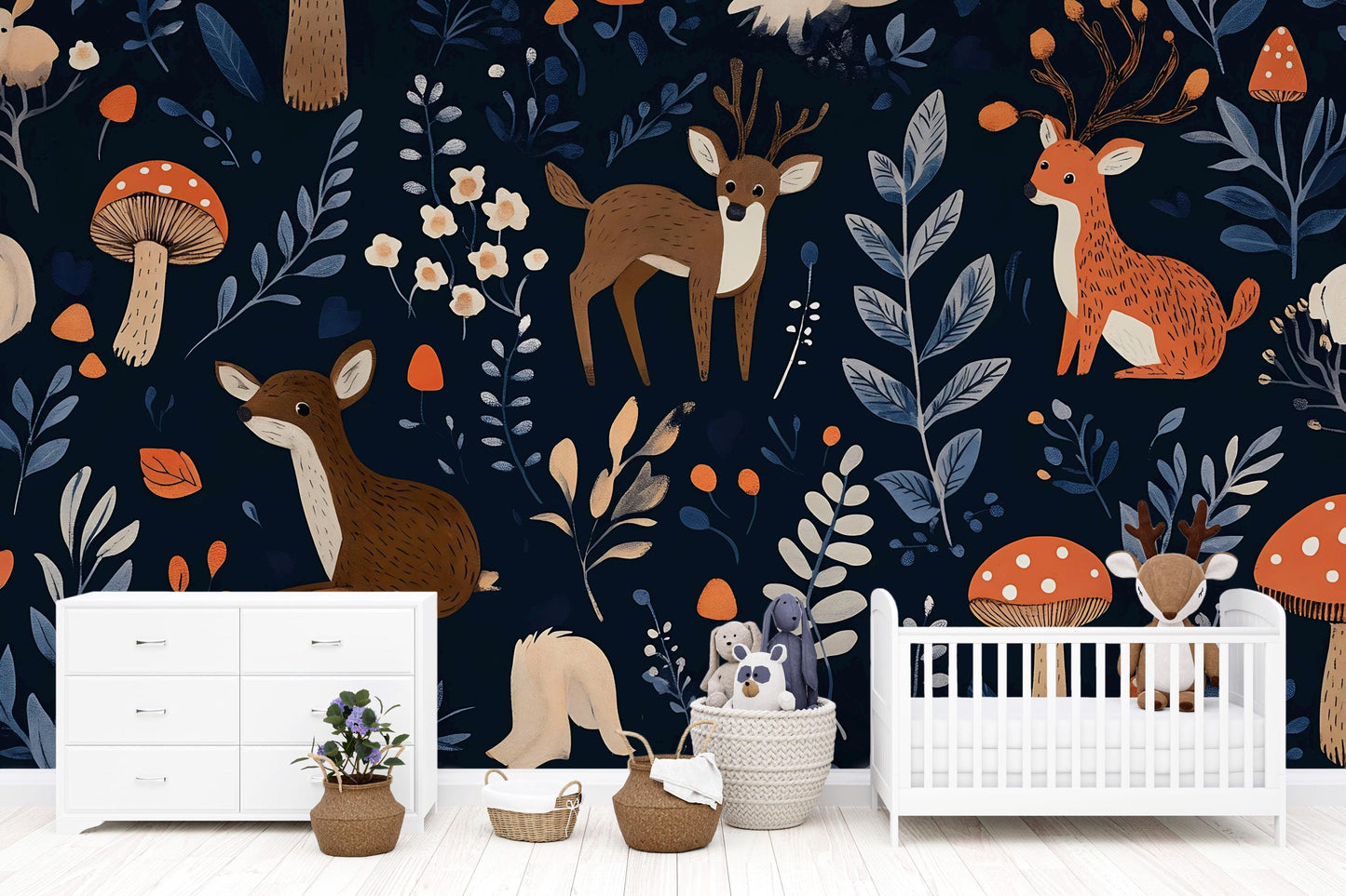 Woodland Nursery Wallpaper – Forest Animal Wall Mural – Kids Room Deer & Mushroom Decor – Removable Peel and Stick Wallpaper Vn724