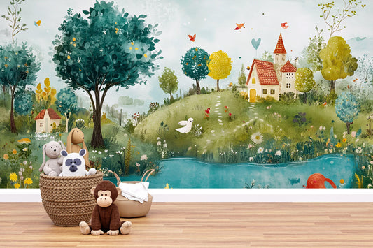 Whimsical Fairy Tale Wall Mural for Kids Room – Fantasy Forest Landscape Wallpaper with Cottage, River & Animals – Nursery Decor Vn615