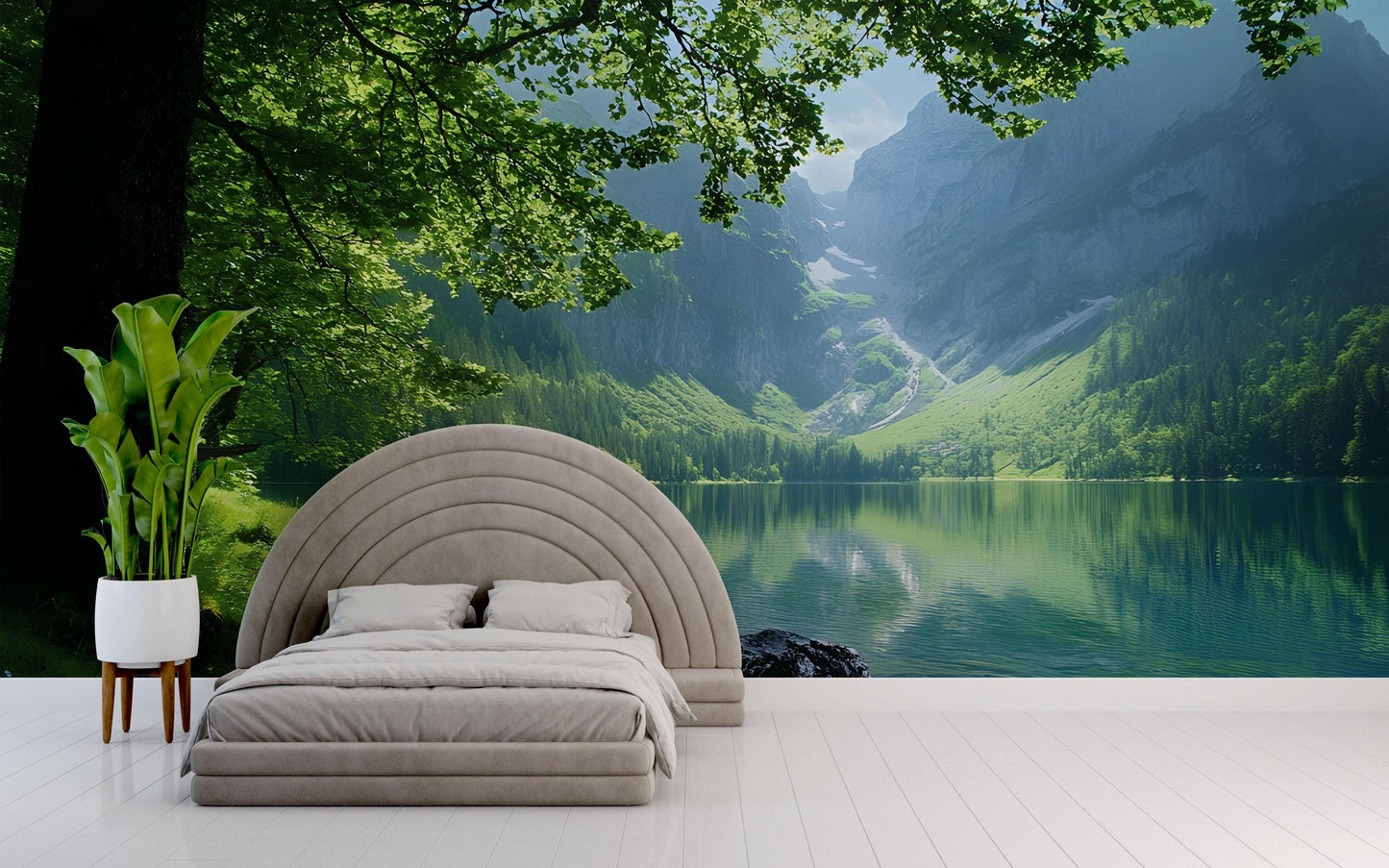 Nature Lake Wall Mural – Mountain Forest Landscape Bedroom Wallpaper Vn691