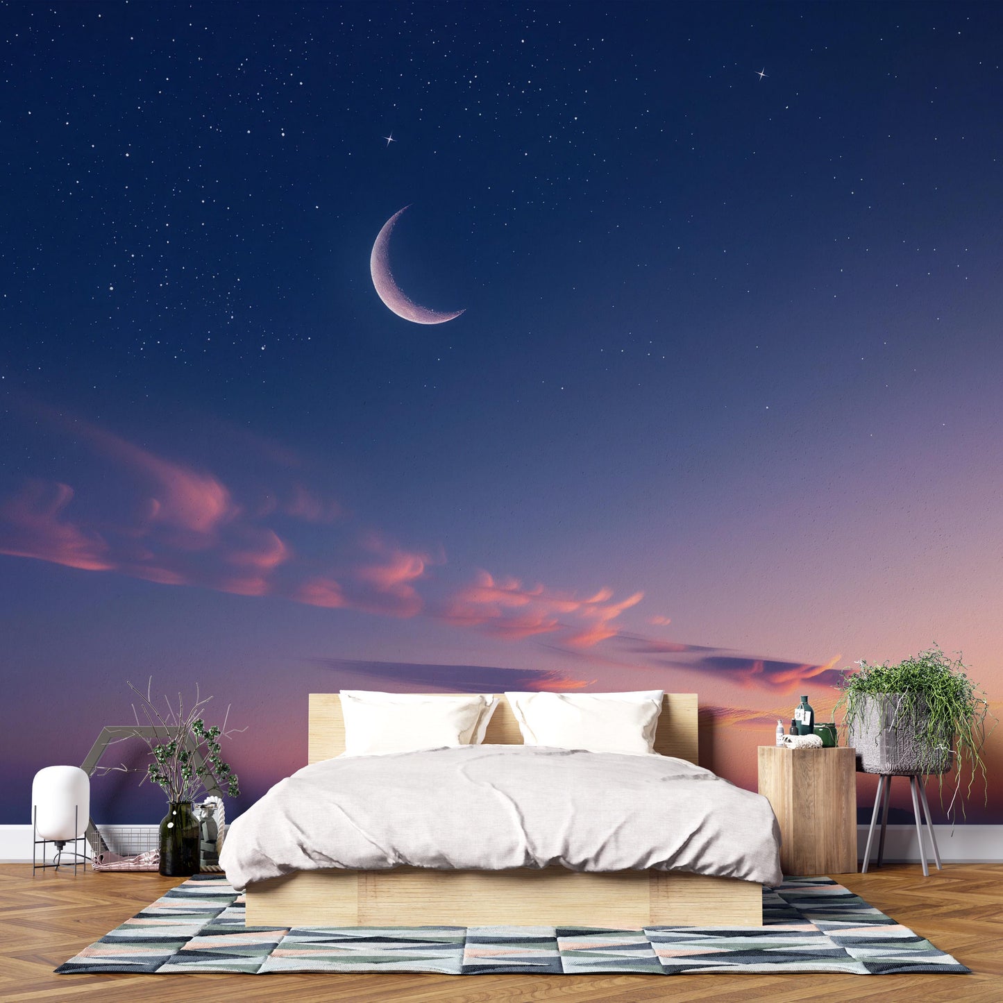 Crescent Moon Wall Mural – Starry Night Sky & Sunset Wallpaper, Celestial Accent Wall Decor for Bedroom, Nursery or Meditation Room Vn1080