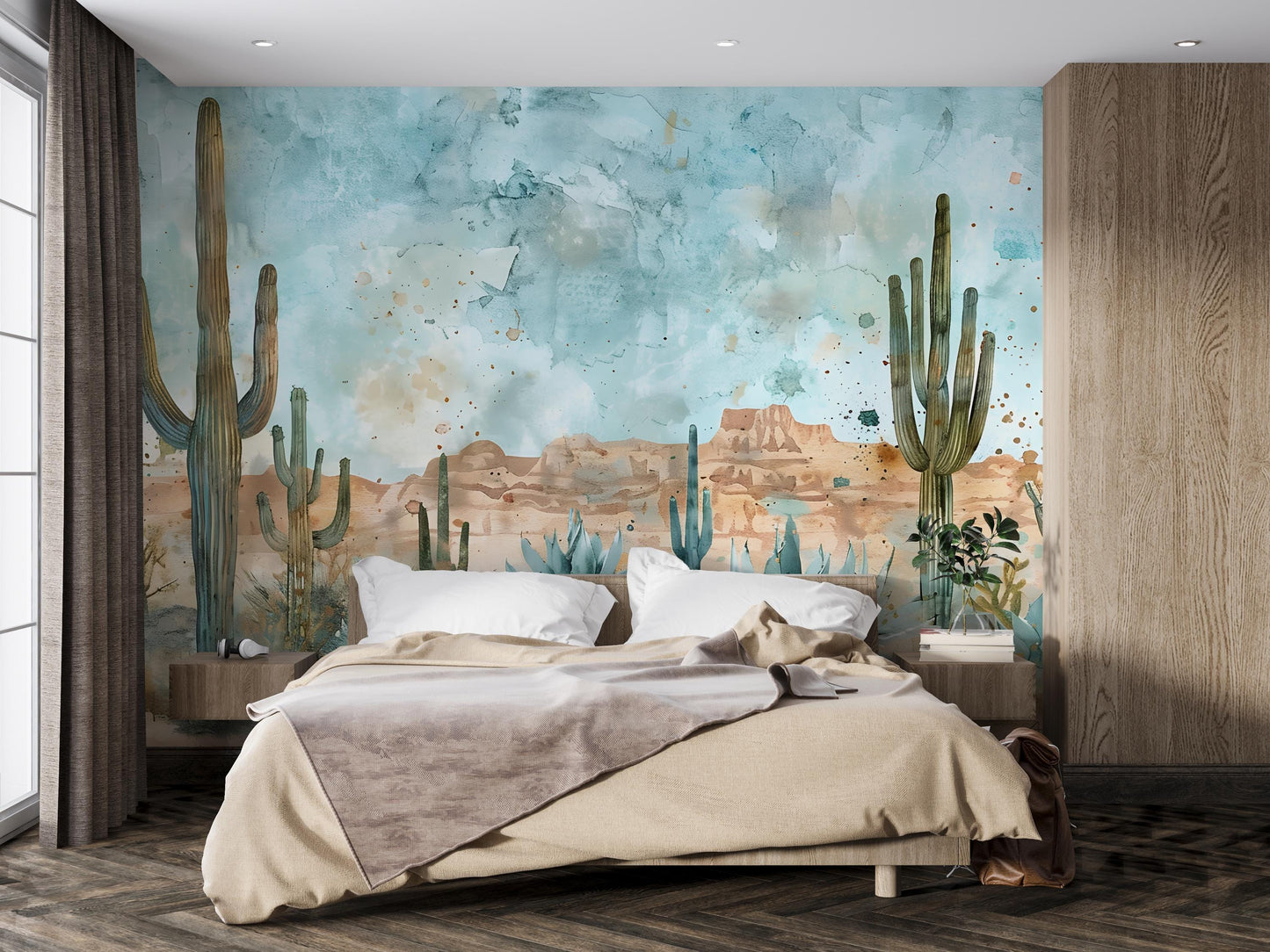 Southwestern Desert Cactus Wall Mural – Boho Western Landscape Wallpaper Vn1005