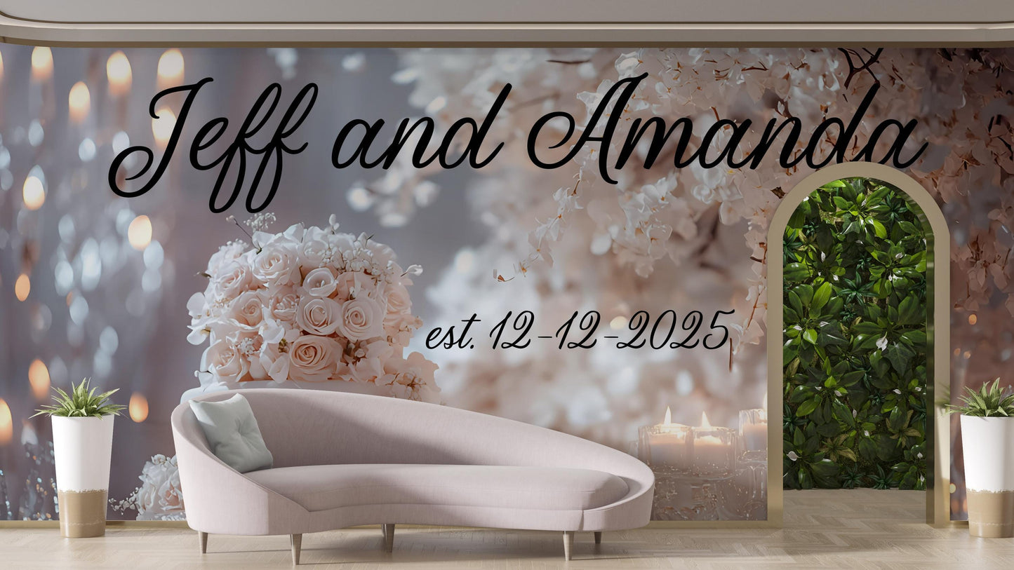 Elegant Wedding Backdrop Banner with Names & Date – Personalized Floral Cake Design, Custom Photo Booth Sign Vn516