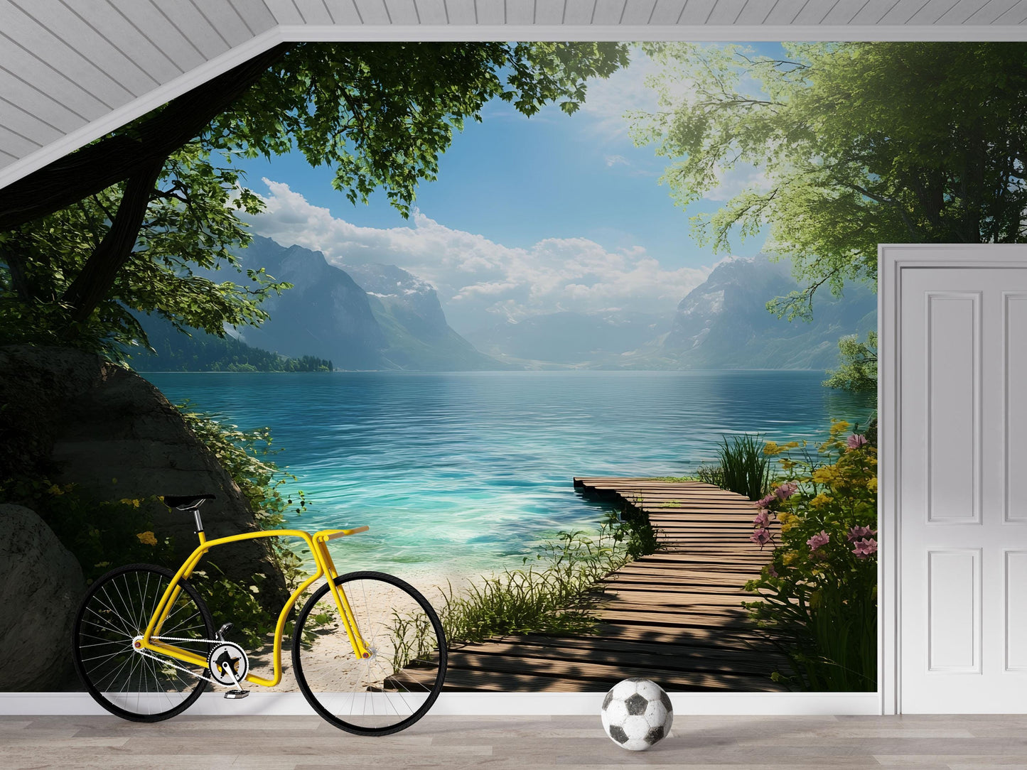 Mountain Lake Pier Wall Mural – Scenic Beach & Crystal Water Landscape Wallpaper  Vn830