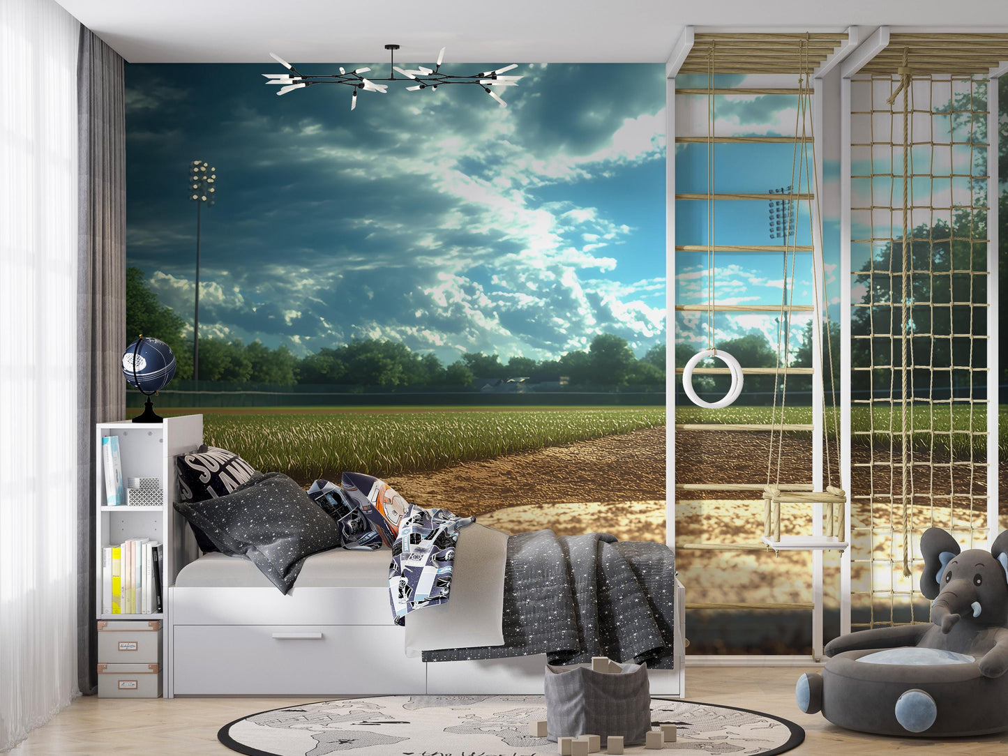 Baseball Field Wall Mural – Sports Themed Wallpaper for Boys Room or Man Cave – Stadium Sunset Large Wall Art Decor Vn525