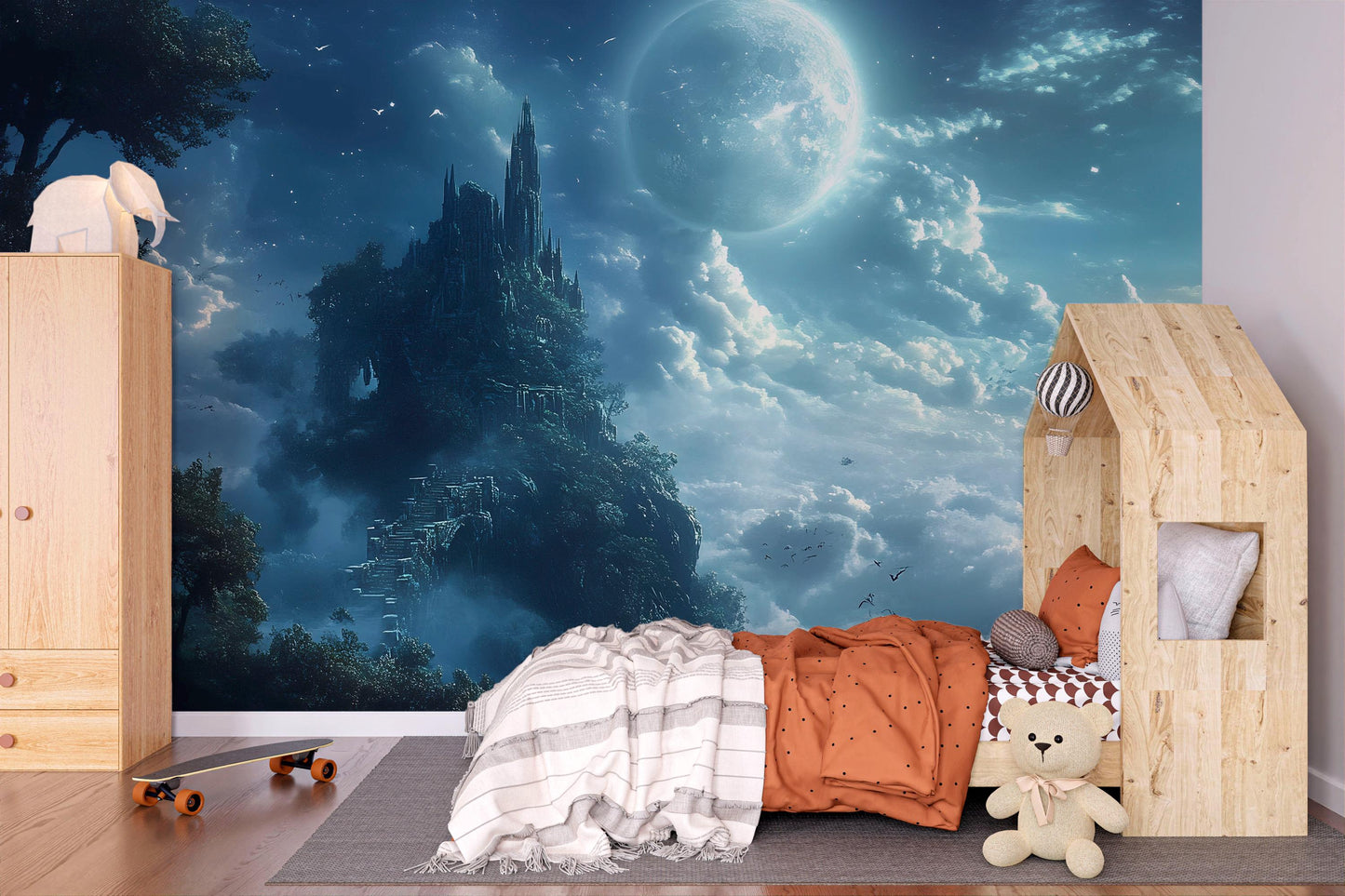 Moonlit Fantasy Castle Wall Mural – Enchanted Night Sky Wallpaper, Magical Accent Wall for Kids Bedroom Vn867