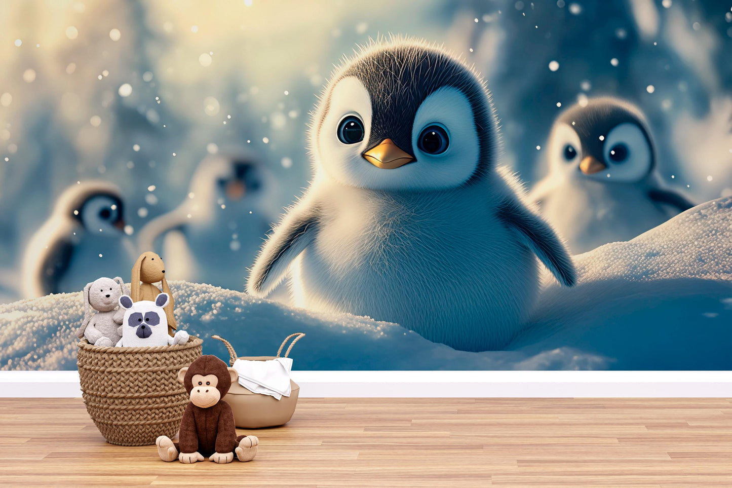 Penguin Nursery Wall Mural – Cute Winter Baby Animal Wallpaper for Kids Room Vn528