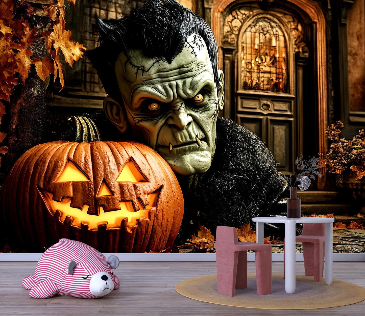 Frankenstein & Pumpkin Wall Mural – Creepy Halloween Home Decor Vn807