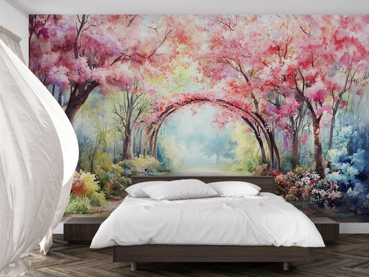 Romantic Cherry Blossom Forest Wall Mural – Watercolor Nature Landscape Bedroom Decor Vn764