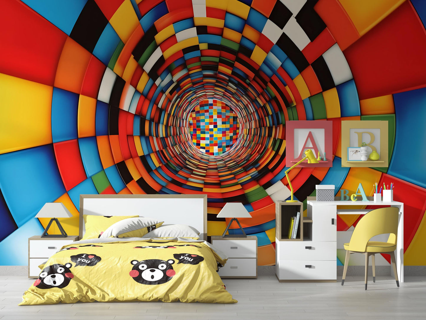 Colorful 3D Tunnel Wall Mural – Kids Room Optical Illusion Wallpaper Vn912