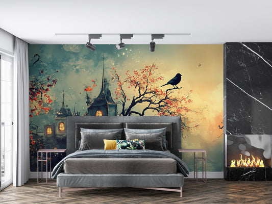 Fantasy Castle Wall Mural | Whimsical Gothic Art Print | Enchanted Tree Bird Sunset Tapestry | Magical Dreamscape Wall Décor Vn188