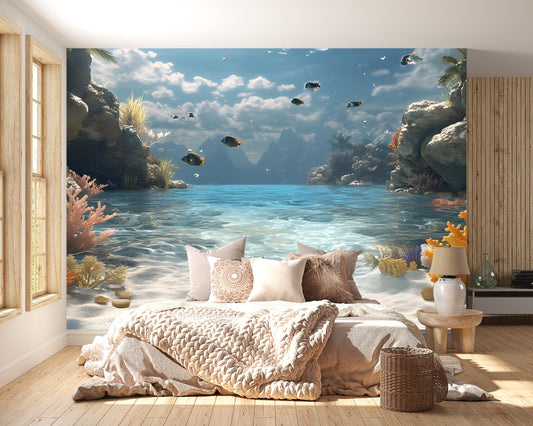 Ocean Paradise Wall Mural | 3D Tropical Beach Wallpaper for Kids Room | Underwater Fish Landscape Bedroom Decor Vn232