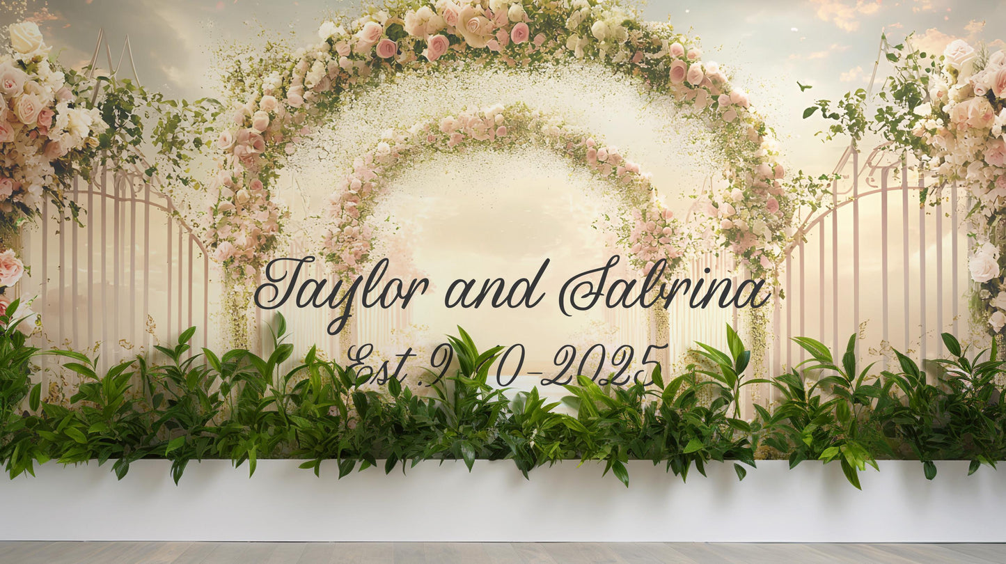 Elegant Floral Wedding Backdrop Sign - Personalized Arch Design with Names & Date - Custom Wedding Decor Vn510