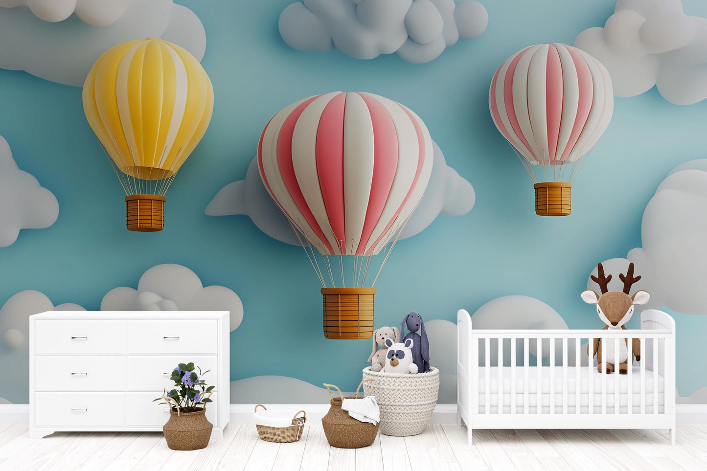 Hot Air Balloon Nursery Wall Mural – Whimsical Cloud & Sky Wallpaper for Kids Room, Playroom Decor, Gender Neutral Baby Room Art Vn374