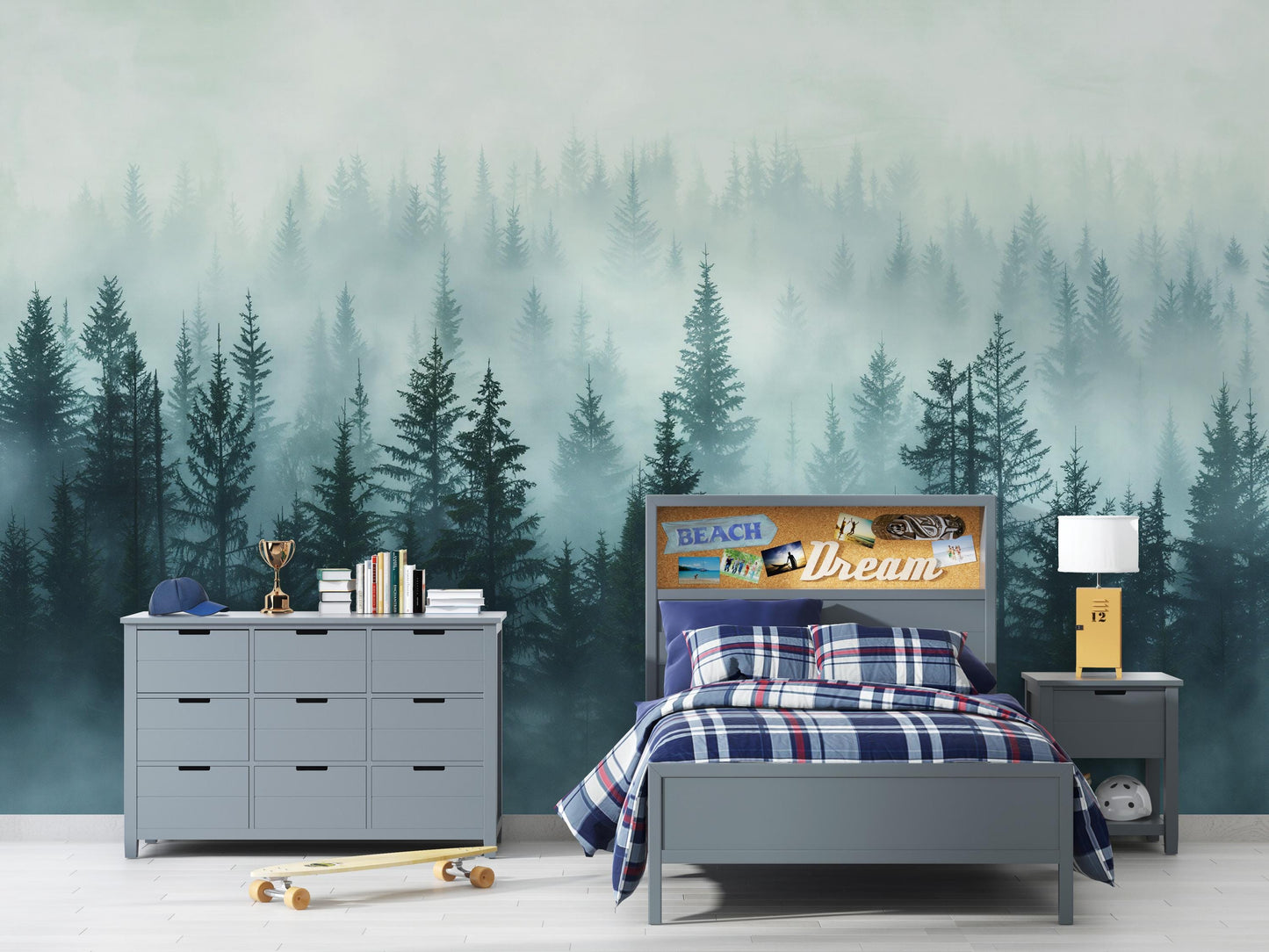 Misty Forest Wall Mural – Foggy Woodland Pine Tree Wallpaper, Nature Landscape Accent Wall Decor for Bedroom or Kids Room Vn1075