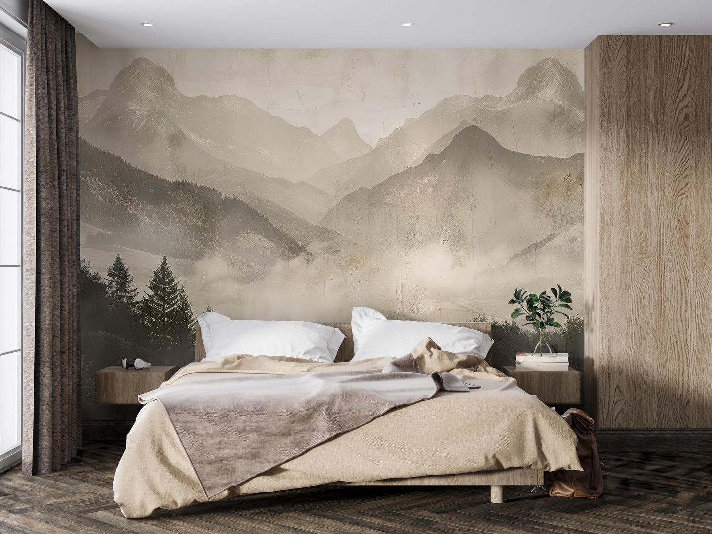 Sepia Mountain Wall Mural – Foggy Forest Landscape Wallpaper for Bedroom Vn1008