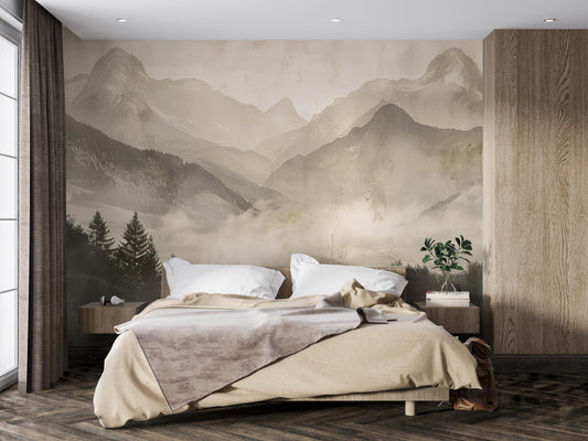 Sepia Mountain Wall Mural – Foggy Forest Landscape Wallpaper for Bedroom Vn1008