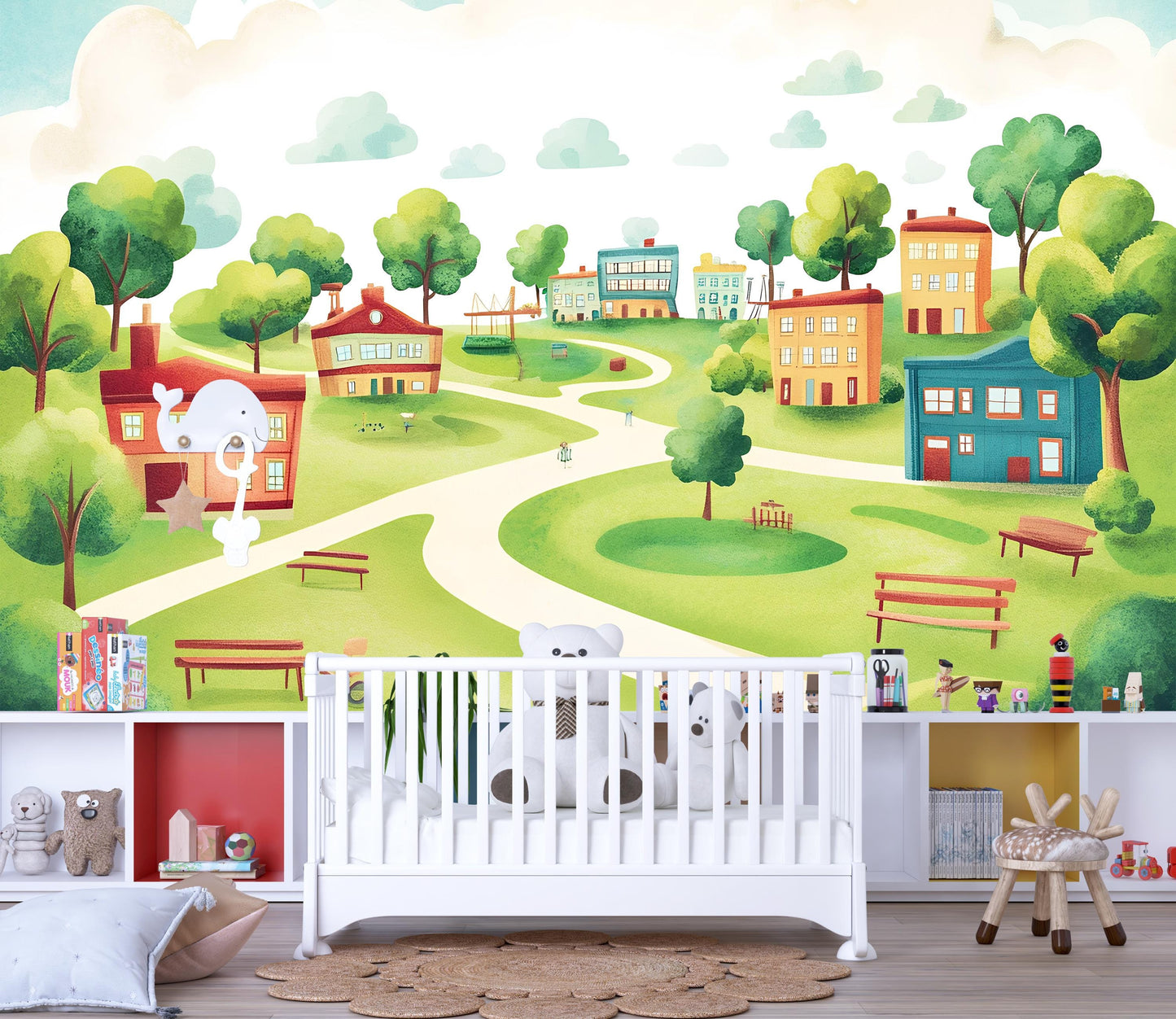 Whimsical Kids Wall Mural – Colorful Village Landscape Wallpaper for Nursery or Playroom – Peel and Stick Removable Mural Vn420