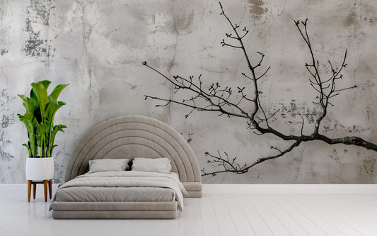 Japandi Wall Mural | Minimalist Tree Branch Concrete Wallpaper Vn1043