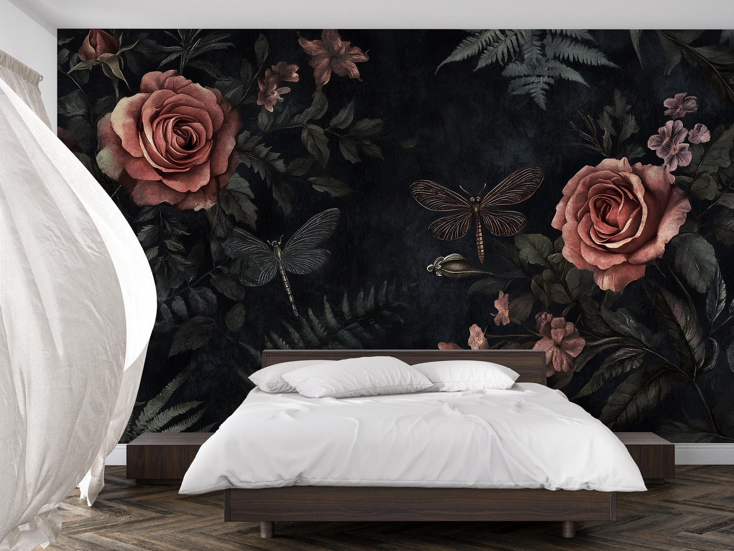 Dark Rose & Dragonfly Wall Art – Vintage Botanical Print Vn956
