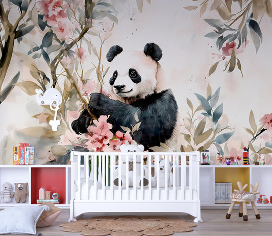 Panda Wall Mural for Nursery – Floral Jungle Panda Wallpaper – Baby Girl Room Decor – Removable Animal Mural Vn108