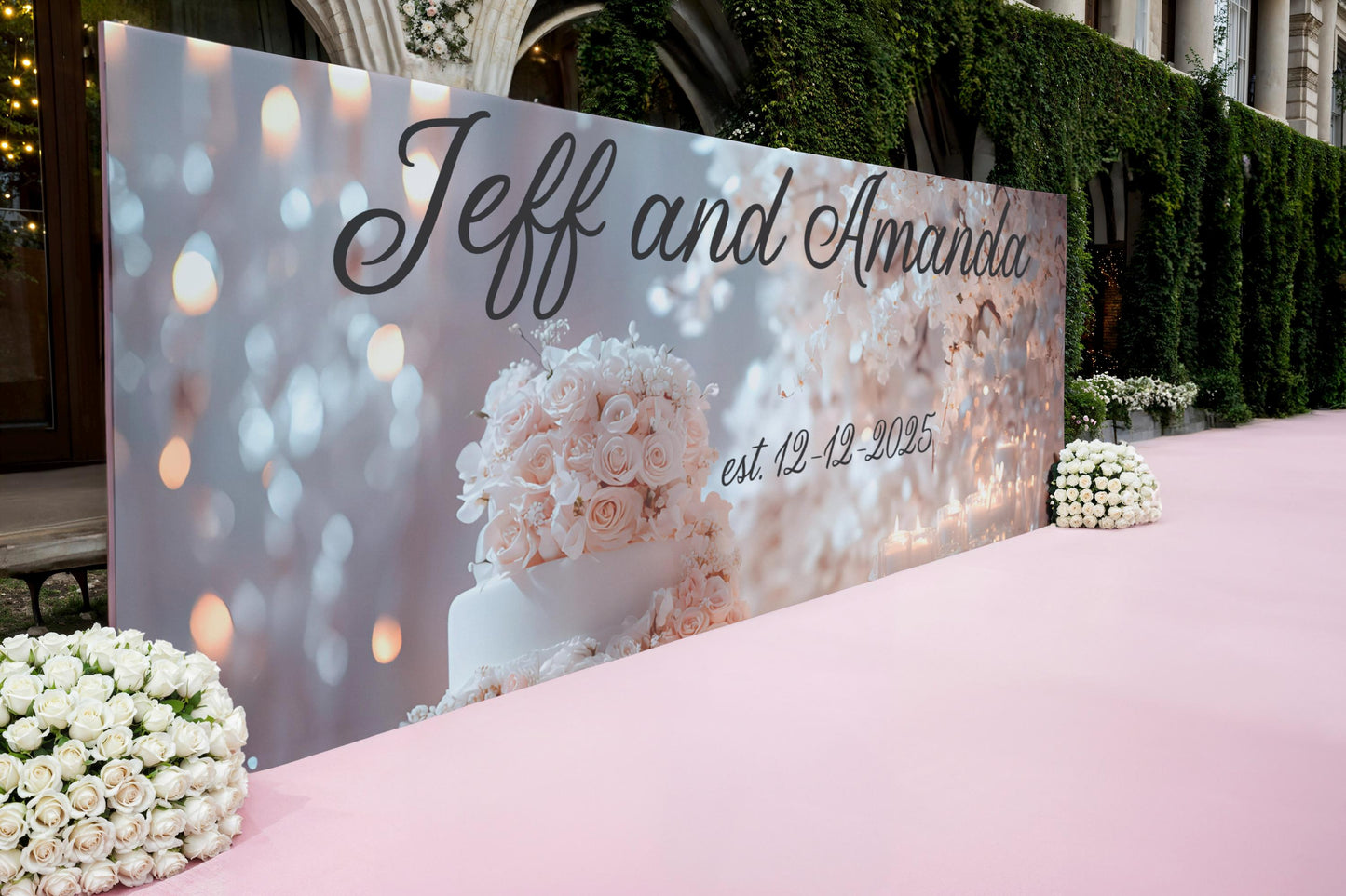 Elegant Wedding Backdrop Banner with Names & Date – Personalized Floral Cake Design, Custom Photo Booth Sign Vn516