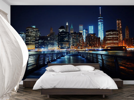 New York Skyline Wall Mural – City Lights Night Pier Wallpaper for Bedroom Vn898