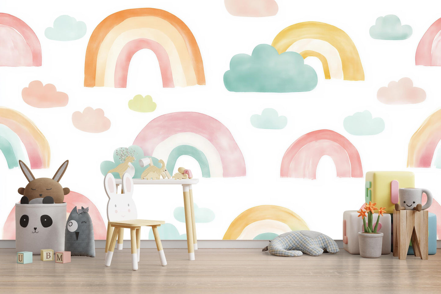 Rainbow Wall Mural – Watercolor Clouds & Rainbow Wallpaper Kids Room Vn978