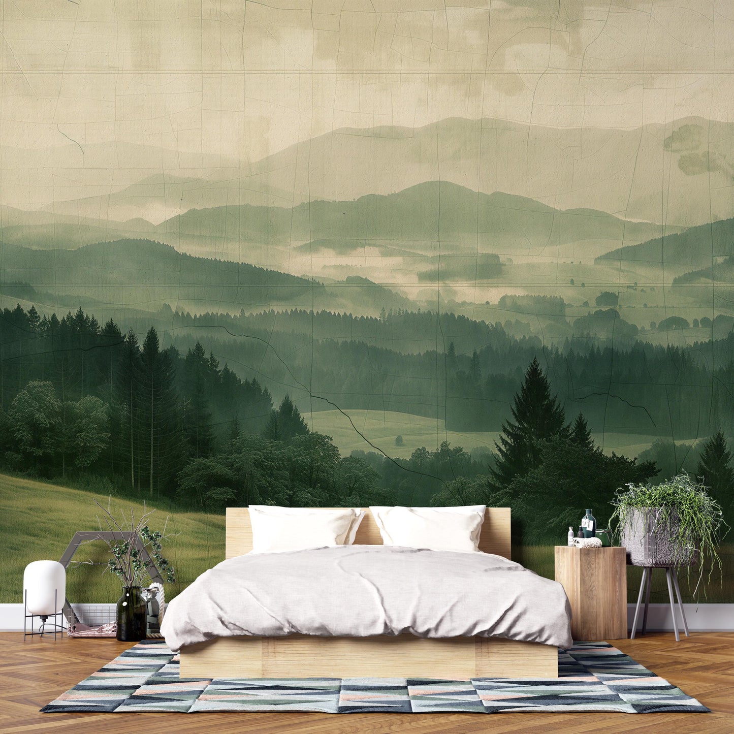 Green Forest Wall Mural – Misty Mountain Landscape Wallpaper for Bedroom or Living Room Vn1057