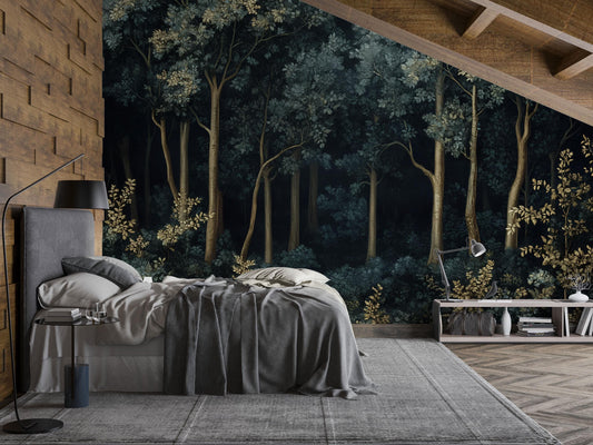 Dark Forest Wall Mural – Vintage Woodland Wallpaper, Moody Botanical Accent Wall for Living Room or Bedroom Vn847