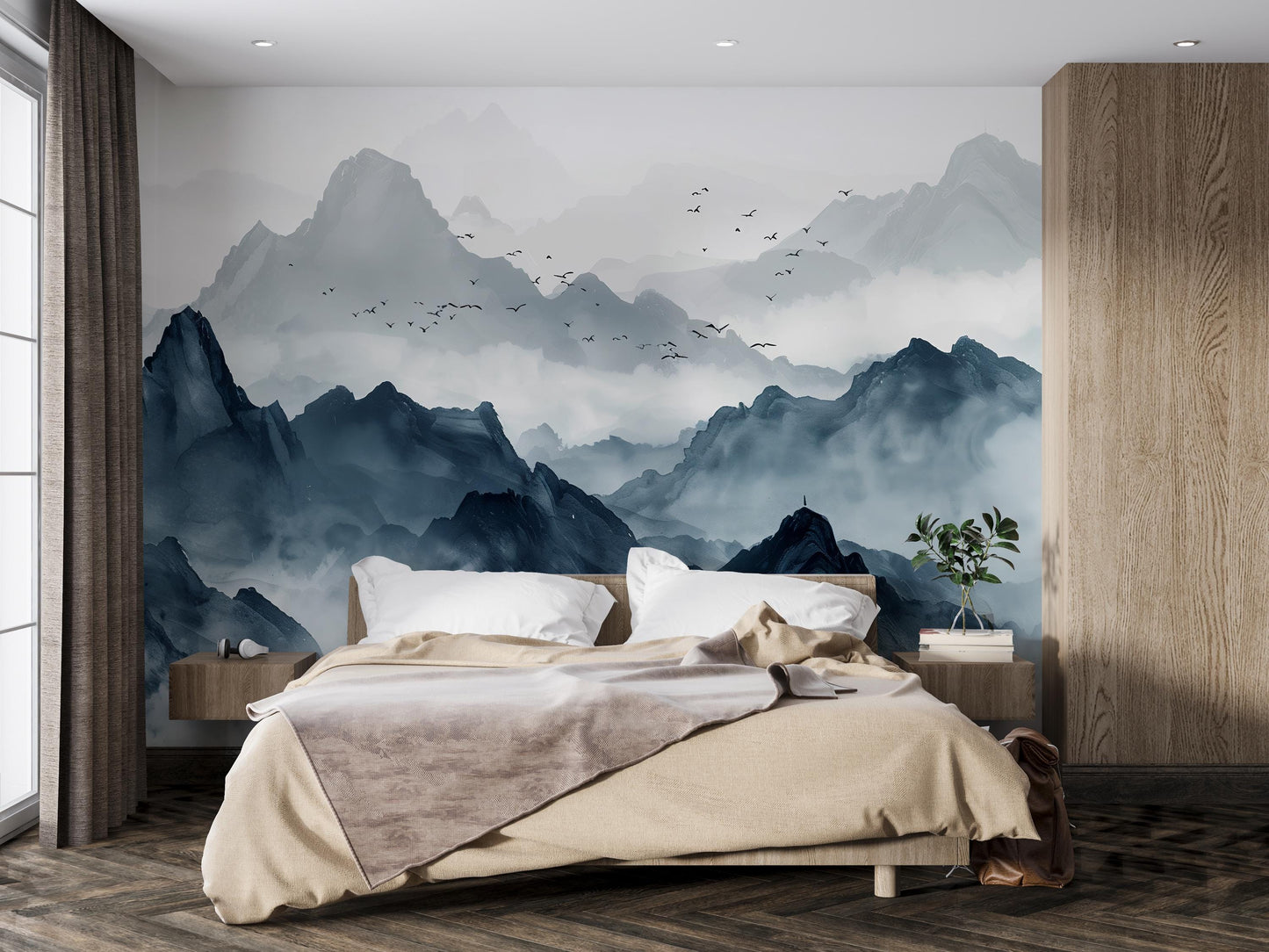 Blue Mountain Wall Mural, Misty Landscape Wallpaper, Tranquil Nature Wall Art Decor Vn1060