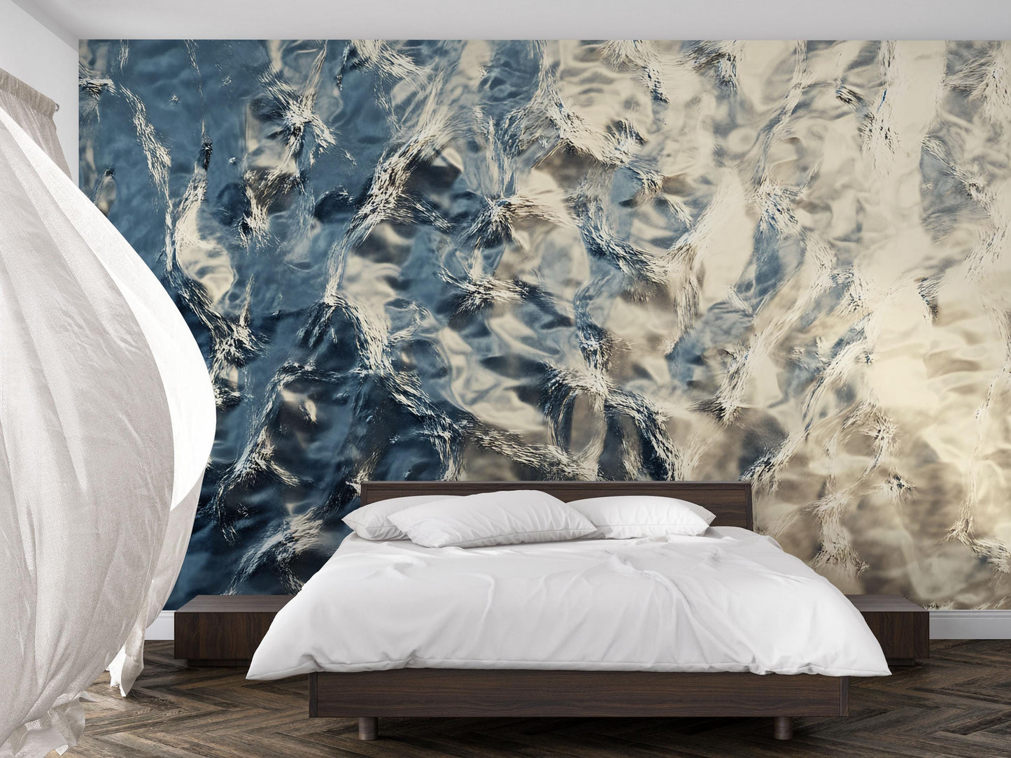 Abstract Ocean Ripple Wall Mural – Modern Blue Beige Water Texture Wallpaper for Bedroom or Living Room Decor Vn733