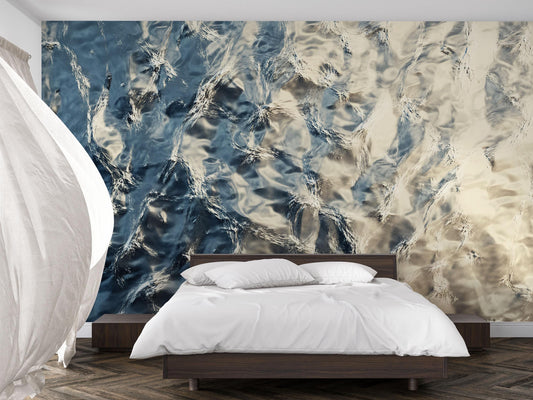 Abstract Ocean Ripple Wall Mural – Modern Blue Beige Water Texture Wallpaper for Bedroom or Living Room Decor Vn733