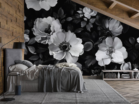 Black and White Floral Wall Mural, Oversized Peony Wallpaper for Bedroom Vn641