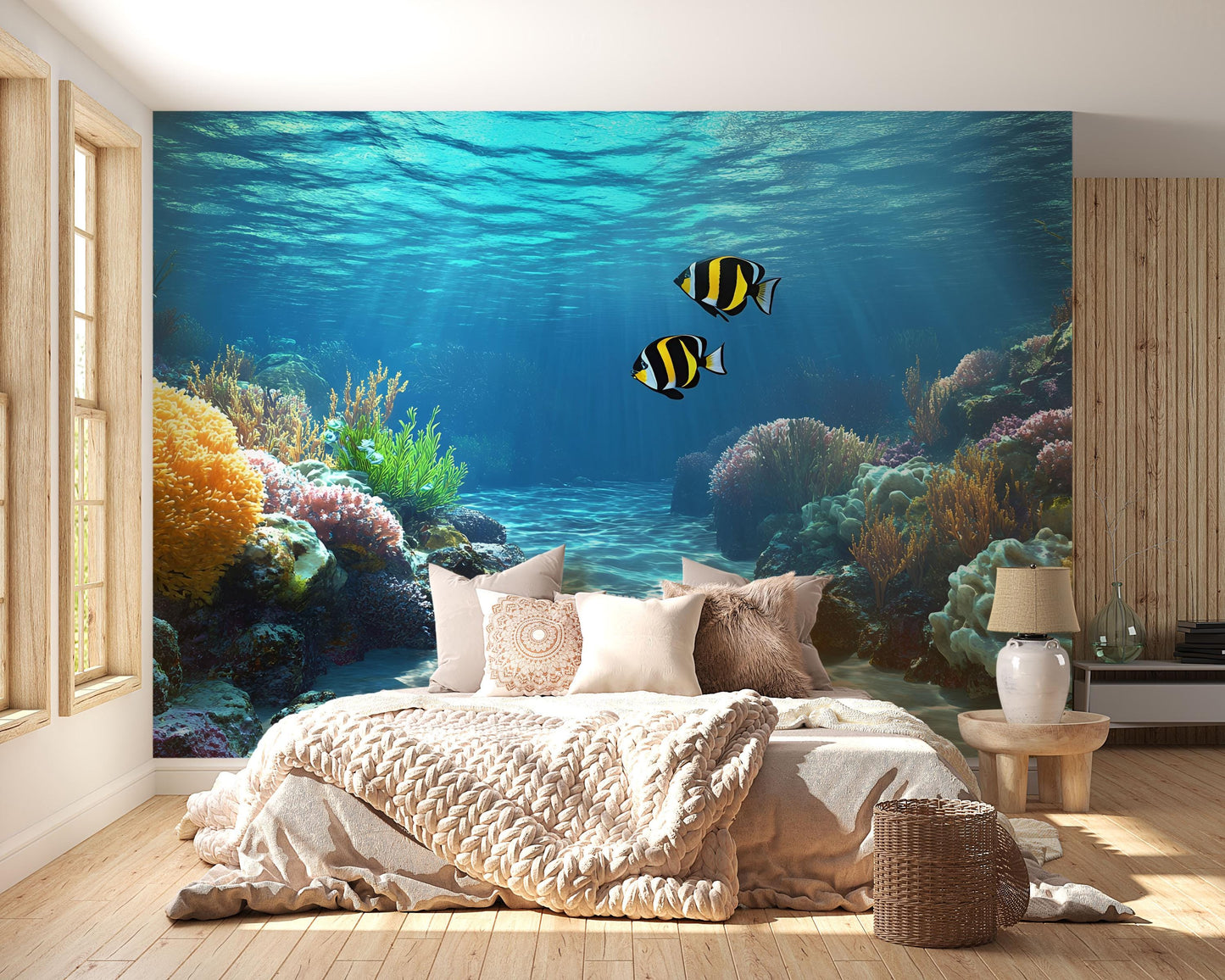 Underwater Ocean Wall Mural | 3D Coral Reef Wallpaper | Tropical Fish Sea Scene Bedroom Decor | Removable Undersea Wall Art Vn595