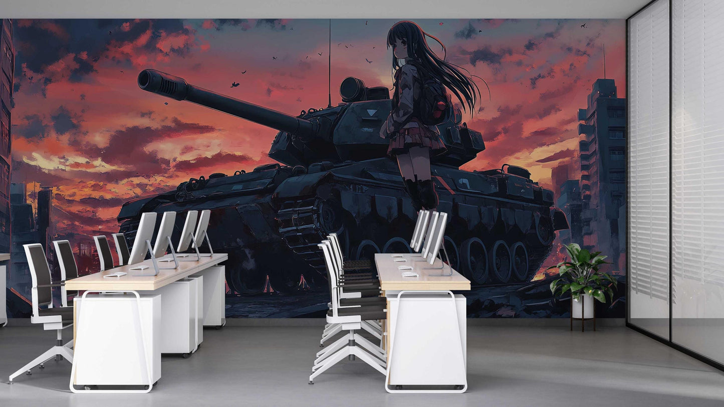 Anime Girl & Tank Wall Mural – Sunset War Scene Art, Japanese Manga Office Decor, Large Anime Wallpaper Poster Vn455