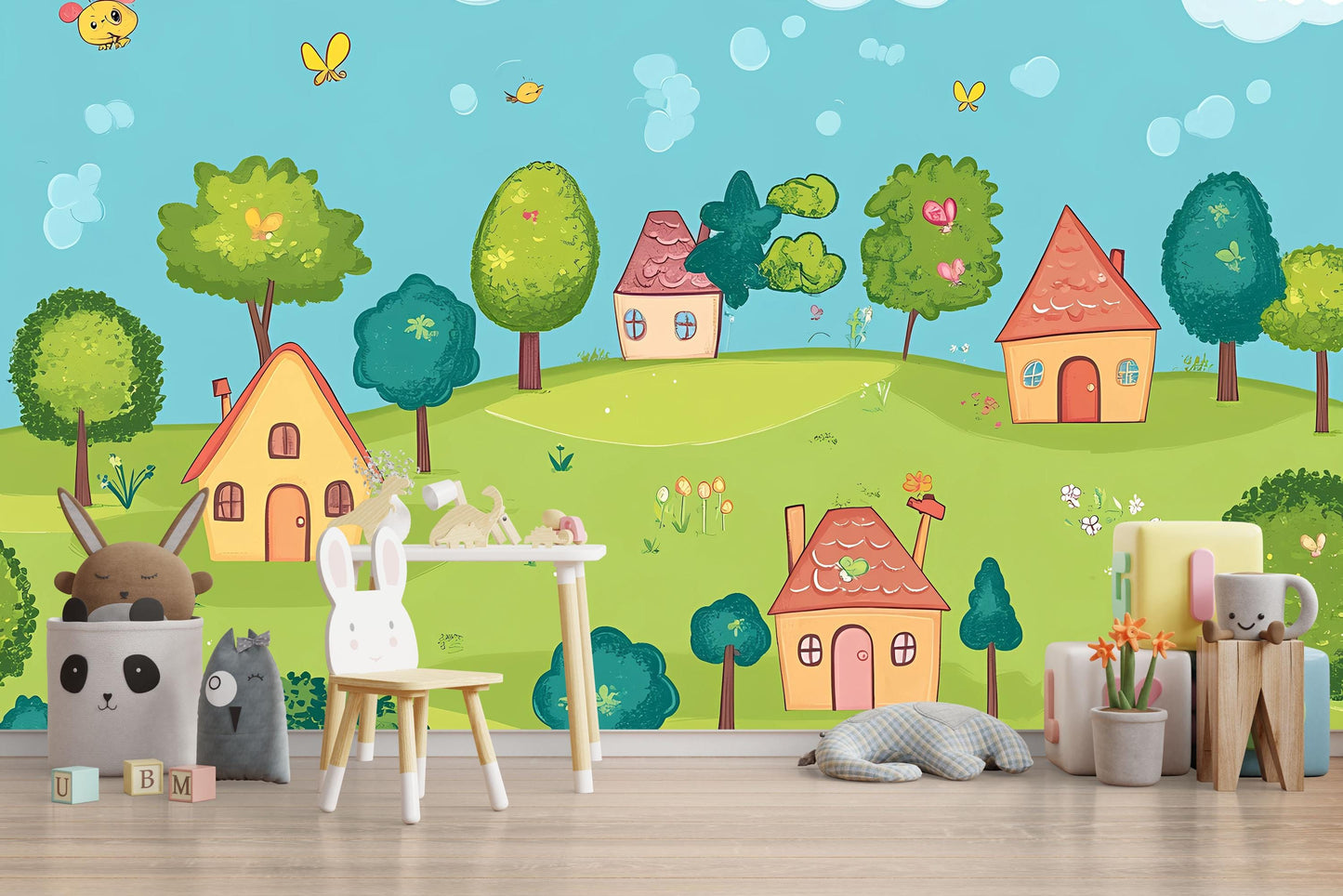 Whimsical Kids Wall Mural – Colorful Cartoon Village Landscape Wallpaper – Playroom Nursery Decor Vn620