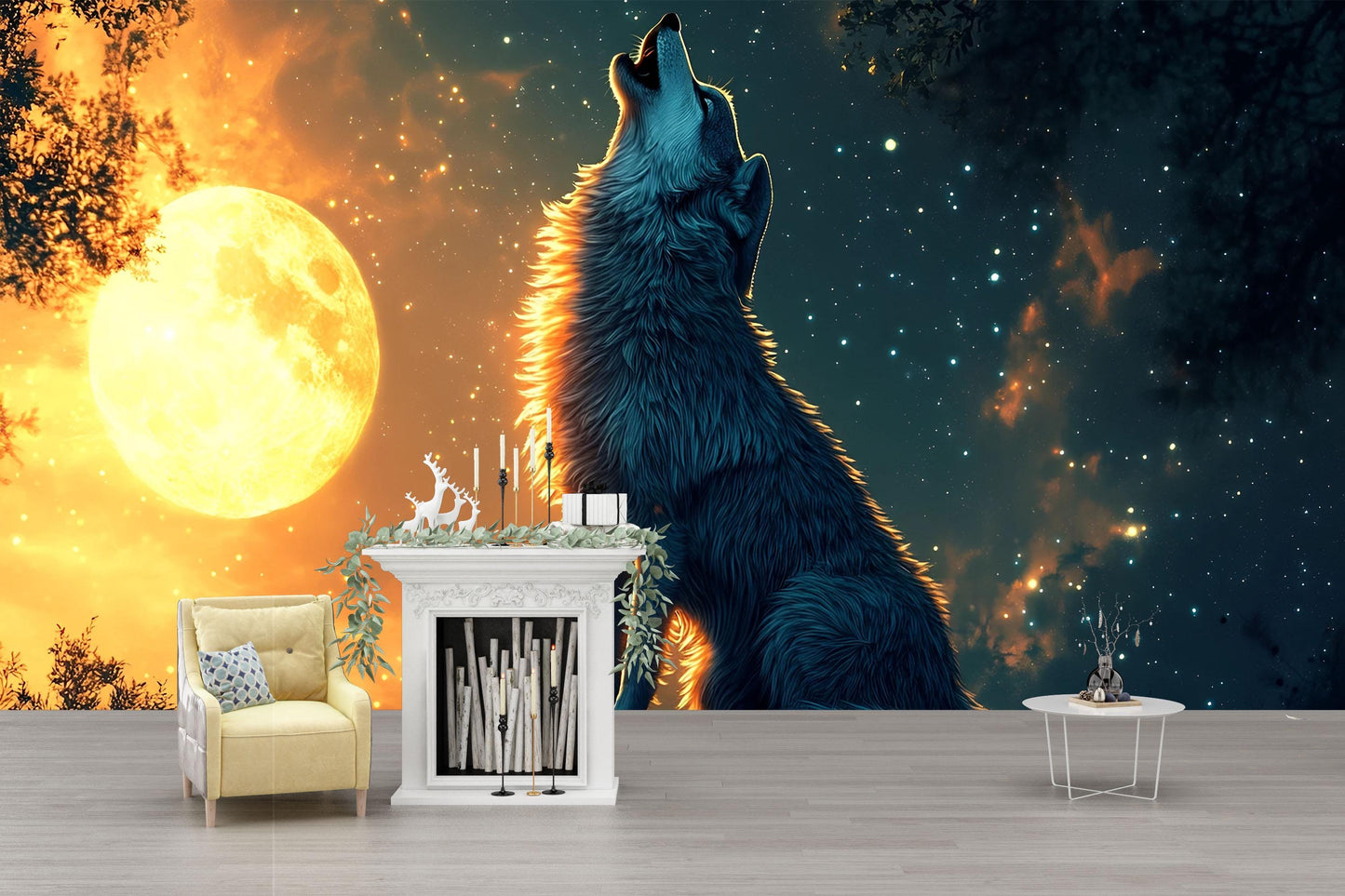 Howling Wolf Moon Wall Mural – Starry Night Forest Wallpaper – Large Animal Nature Art Print for Living Room or Bedroom Decor Vn600