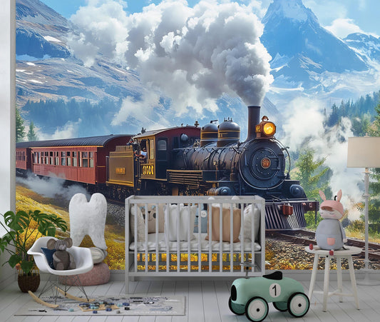 Vintage Steam Train Wall Mural for Kids Room | Mountain Landscape Train Wallpaper | Playroom Decor with Plush Toy & Furniture Vn227