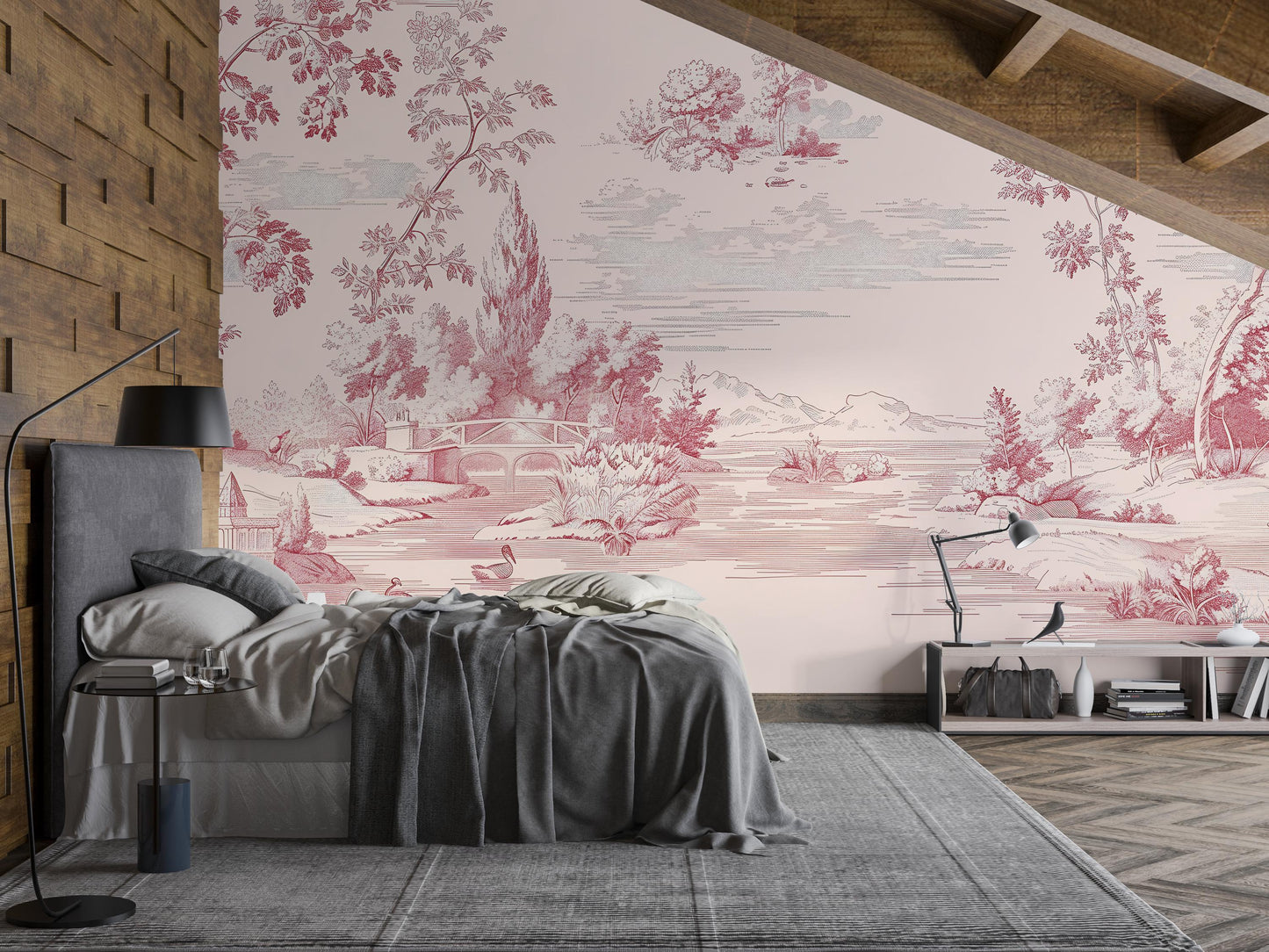 Pink Toile Wall Mural | French Vintage Landscape Wallpaper Vn1037