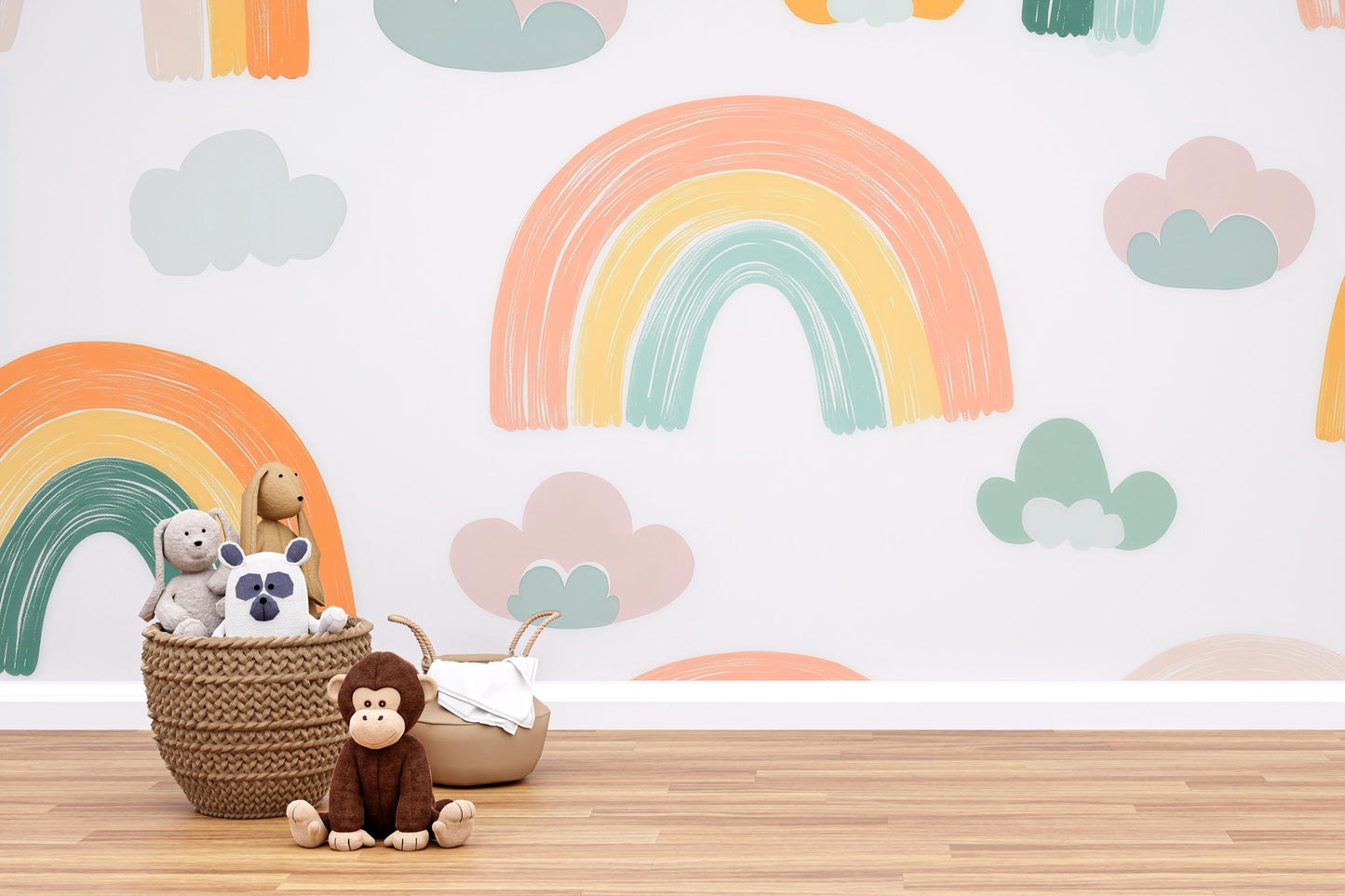 Rainbow Wall Mural – Hand Painted Pastel Clouds Wallpaper for Nursery & Kids Room Vn983