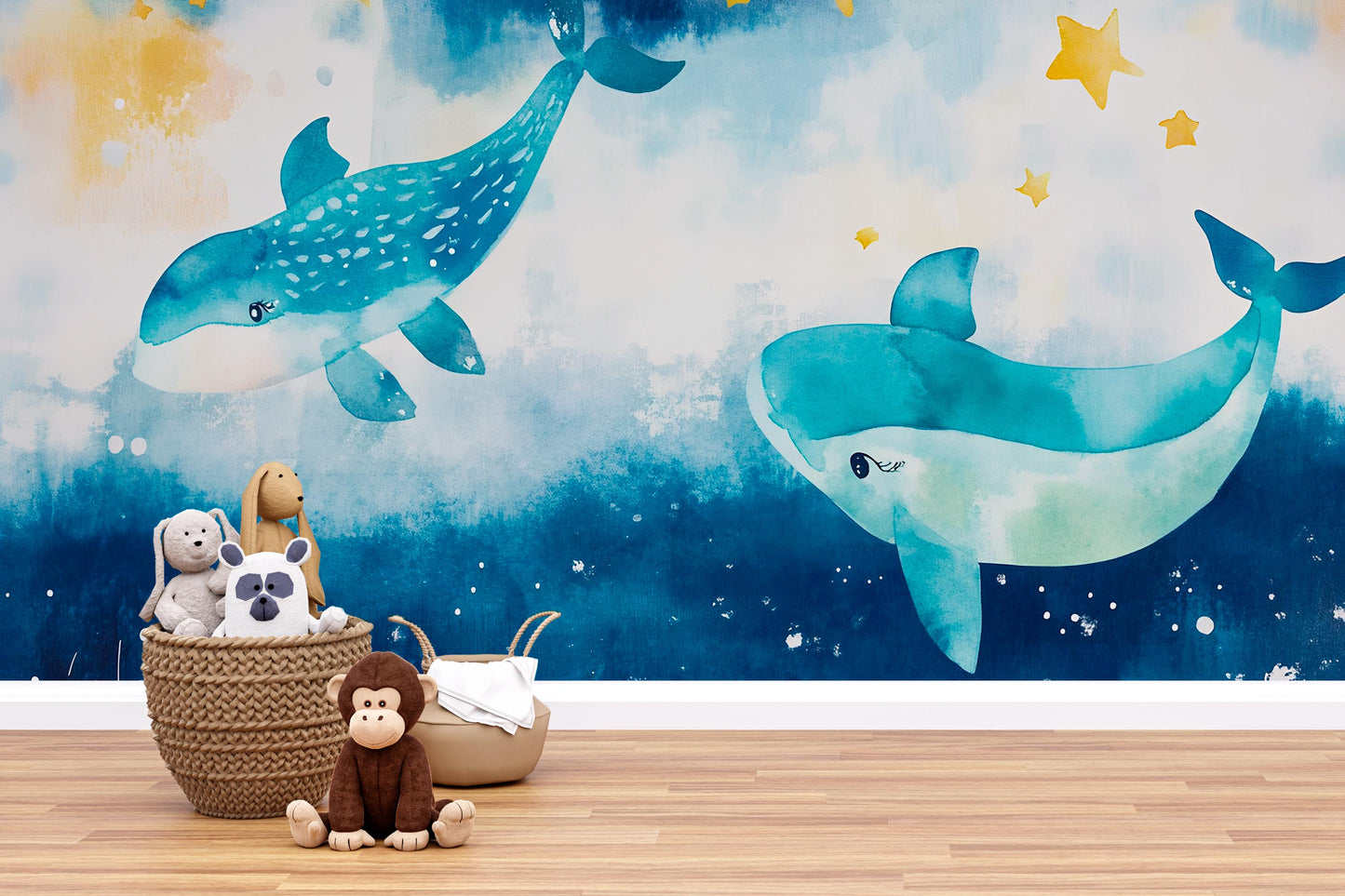 Ocean Whale Nursery Wall Mural – Underwater Sea Theme Baby Room Wallpaper – Cute Blue Whale Wall Art for Kids or Newborn Nursery Vn553
