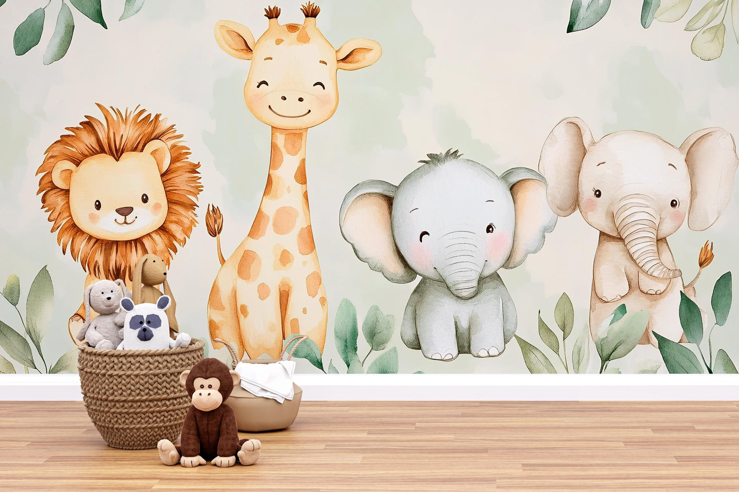 Safari Jungle Wall Mural – Cute Lion Giraffe Elephant Nursery Wallpaper Vn990