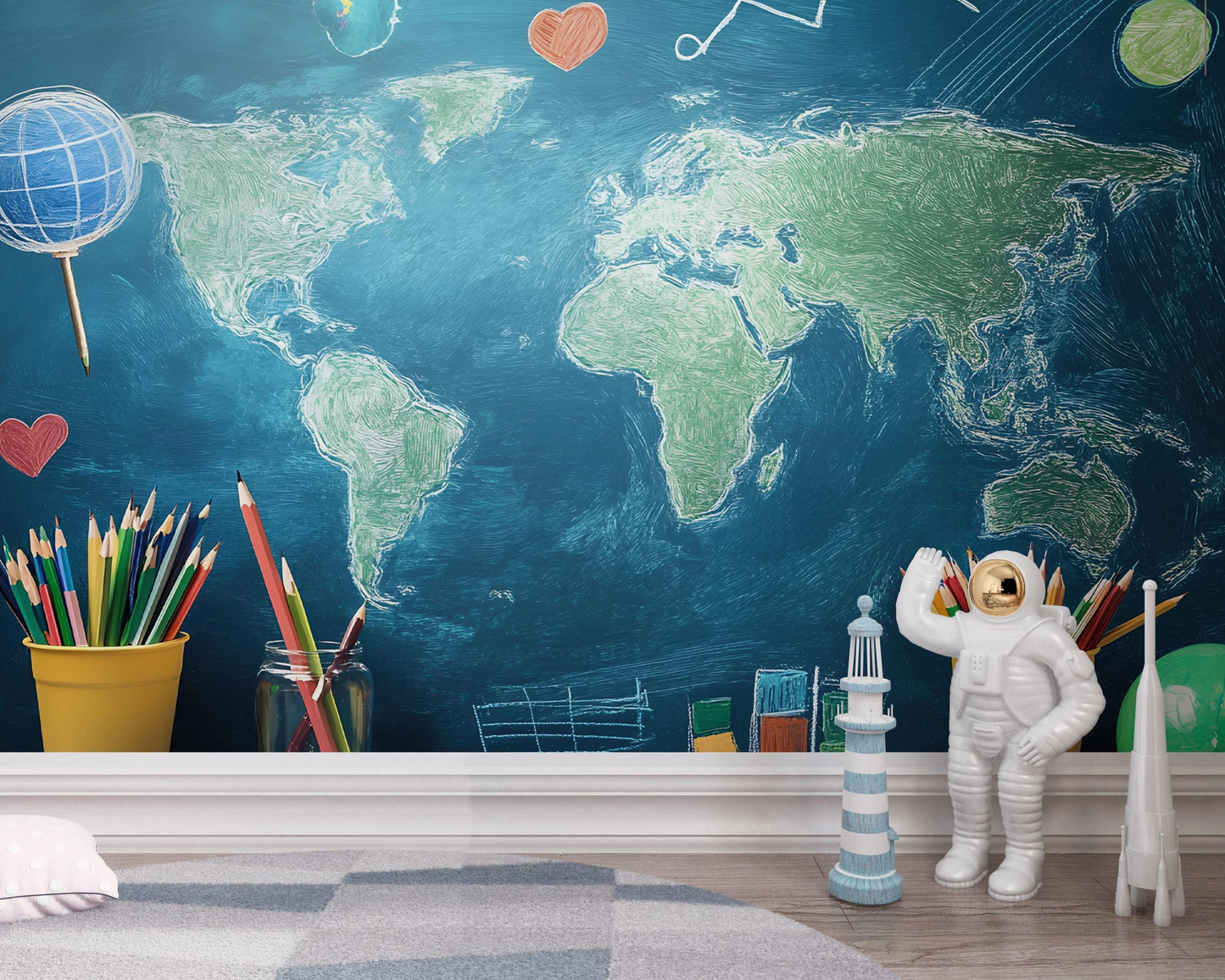 World Map Kids Wall Mural | Educational Travel Theme Nursery Decor | Wooden House Bed Toddler Room | Cozy Earthy Child Bedroom Design Vn416