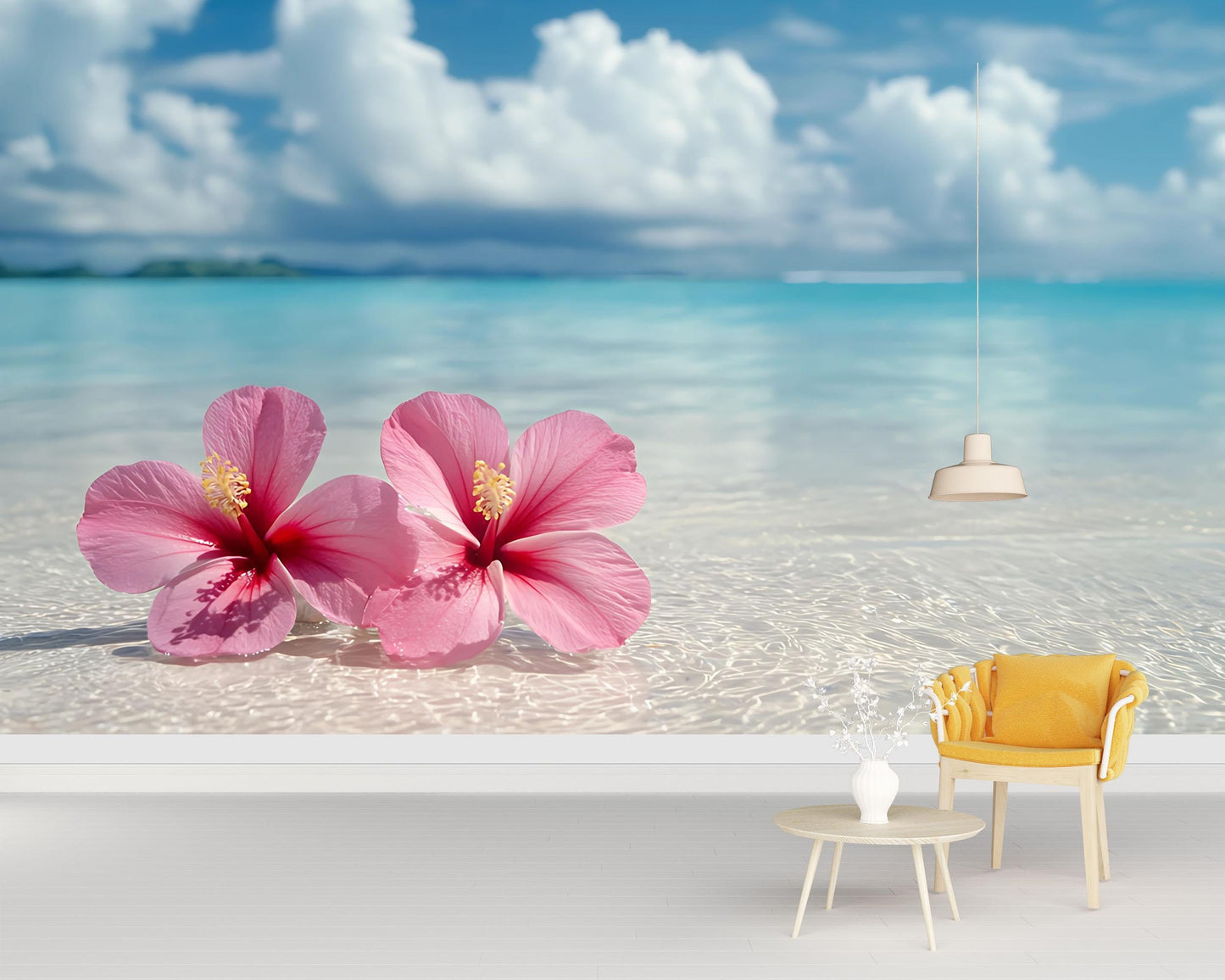 Tropical Beach Wall Mural with Pink Hibiscus Flowers – Ocean View Wallpaper for Living Room or Office Decor Vn649