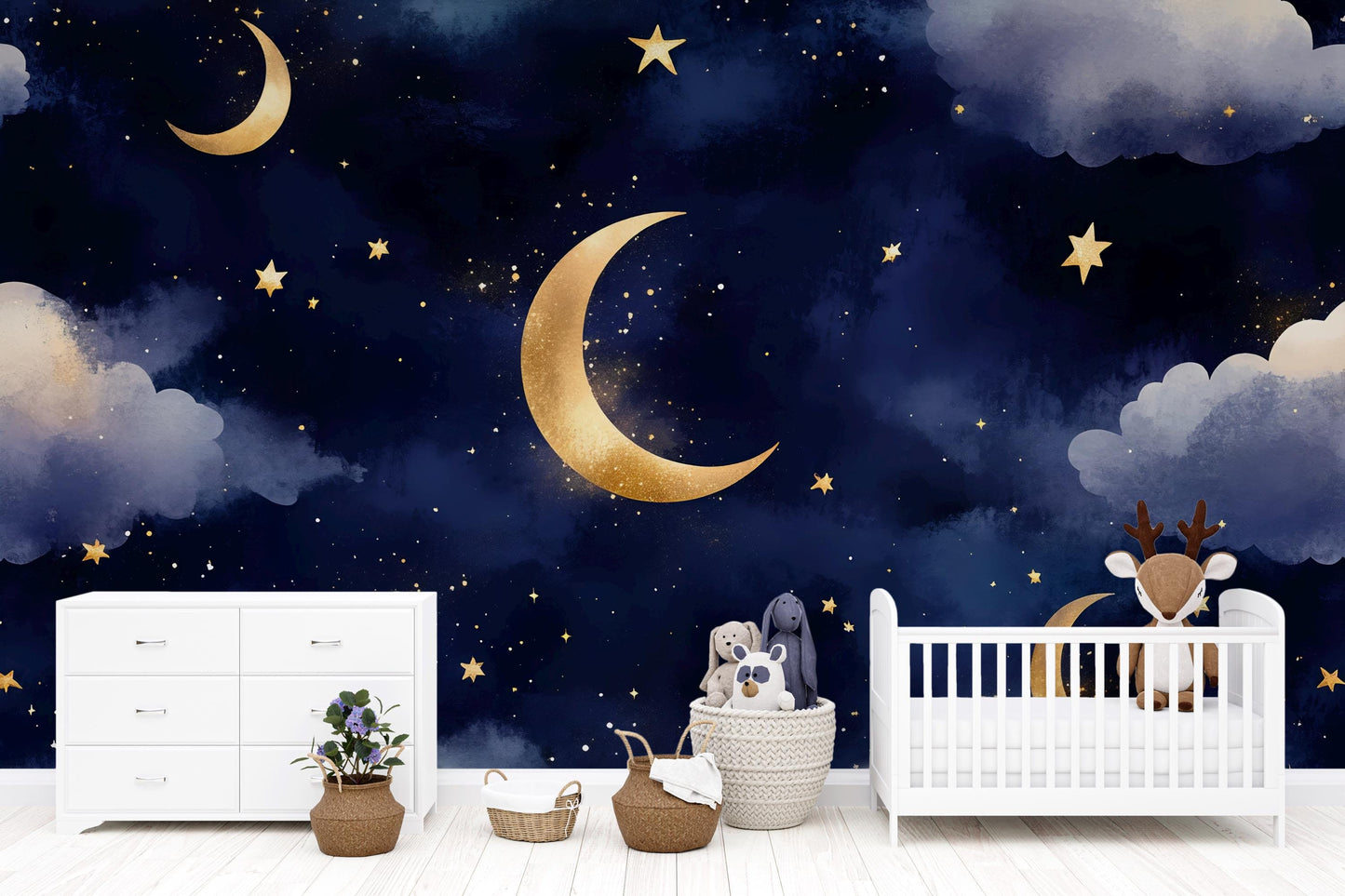 Moon Stars Night Sky Mural – Gold Crescent Cloud Nursery Wallpaper Vn993