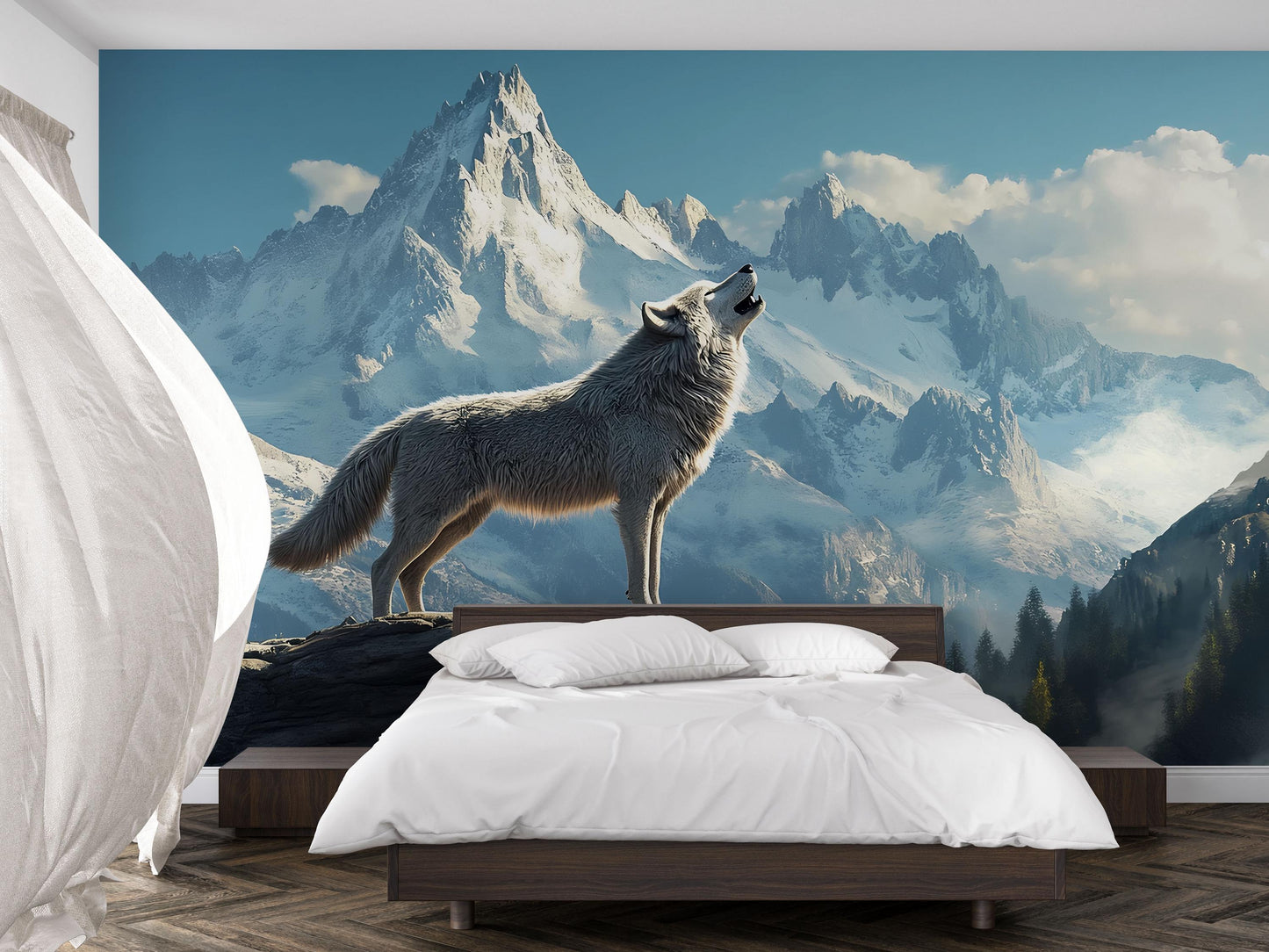 Wolf Mountain Mural Wall Art – Howling Wolf Wallpaper for Bedroom | Snowy Nature Scene | Rustic Cabin Decor | Forest Animal Backdrop Vn601