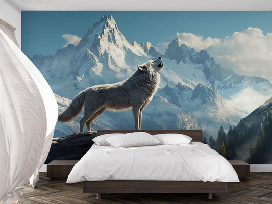 Wolf Mountain Mural Wall Art – Howling Wolf Wallpaper for Bedroom | Snowy Nature Scene | Rustic Cabin Decor | Forest Animal Backdrop Vn601